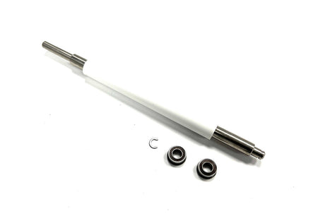 WHITE ZEBRA PLATEN ROLLER WITH THREE SMALL ROUND PARTS NEXT TO IT, ON A WHITE BACKGROUND