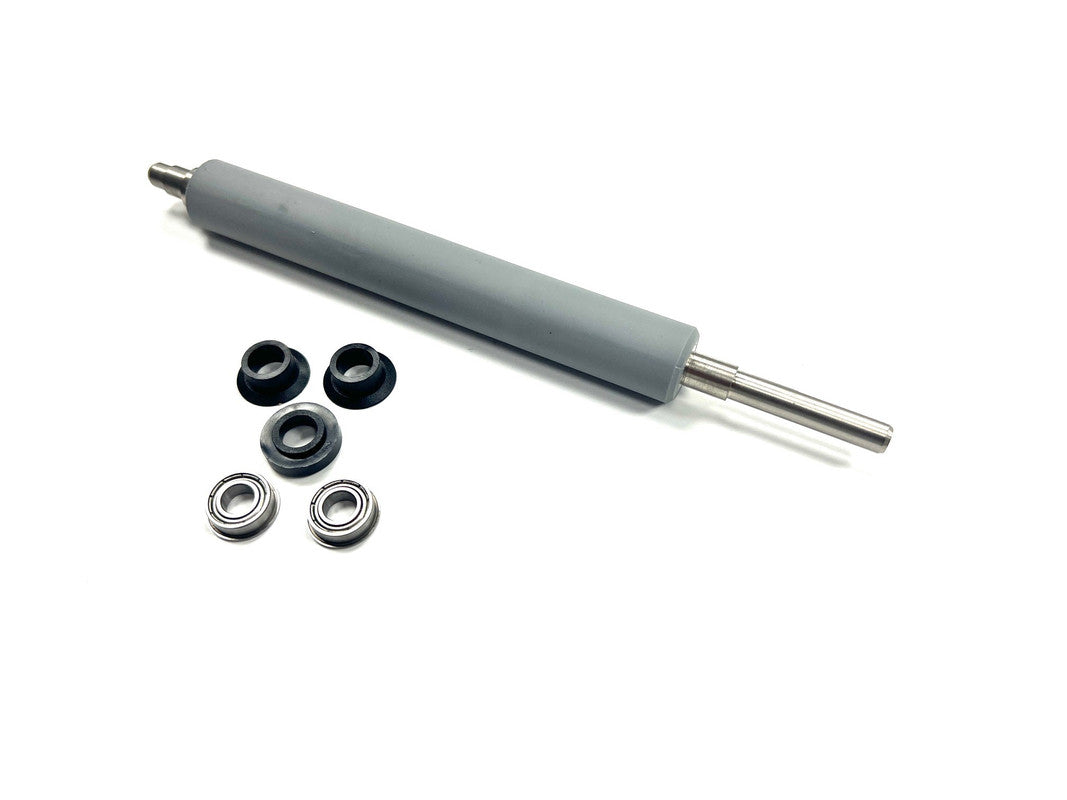 Gray roller with metal shaft and black and silver bearings on a white background, PART NUMBER 1-040230-93