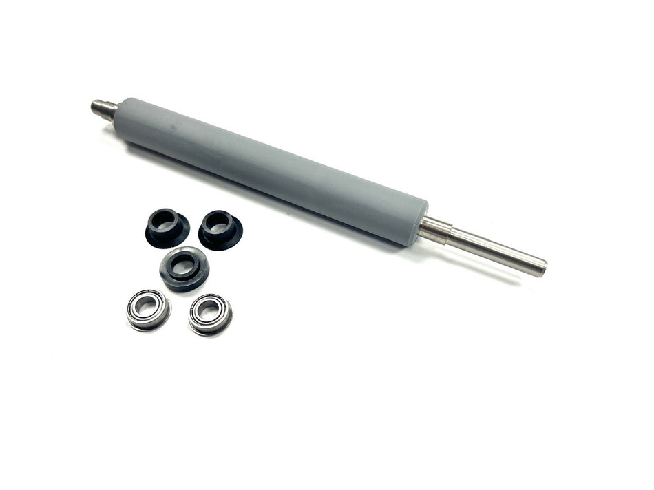 Gray roller with metal shaft and black and silver bearings on a white background, PART NUMBER 1-040230-93