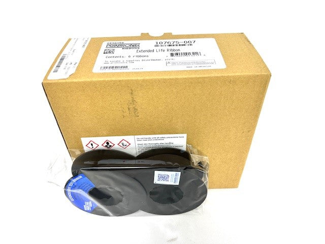 Box with a label and a black ribbon cartridge on a white background