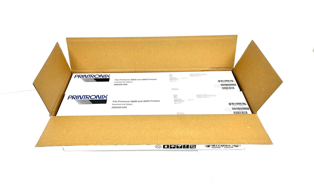 Open cardboard box with Printronix printer ribbons inside on a white background