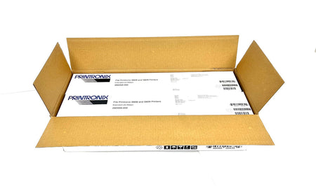 Open cardboard box with Printronix printer ribbons inside on a white background