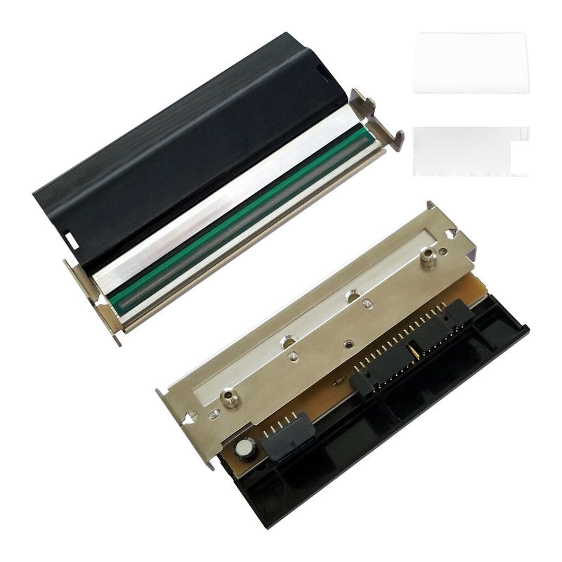 Zebra printhead for thermal transfer printing technology, consisting of a black printhead body, metal brackets, and a protective cover.