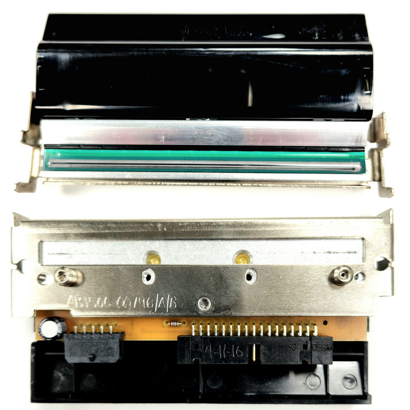 A close-up view of a Zebra ZM400 thermal printhead, featuring a black casing and a metallic printhead assembly.