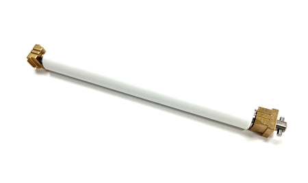 A white platen roller for the Zebra ZM600 thermal printer with metal fittings on the ends.