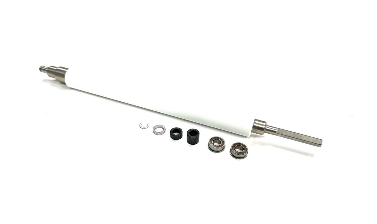 A set of white platen rollers and metal shafts with black seals, likely made of polyurethane and designed for use with a Zebra 170PAX3 printer.